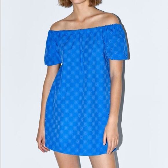 Zara Floral Openwork Textured Blue Off Shoulder Mini Sun Dress Balloon Sleeve - Picture 2 of 15